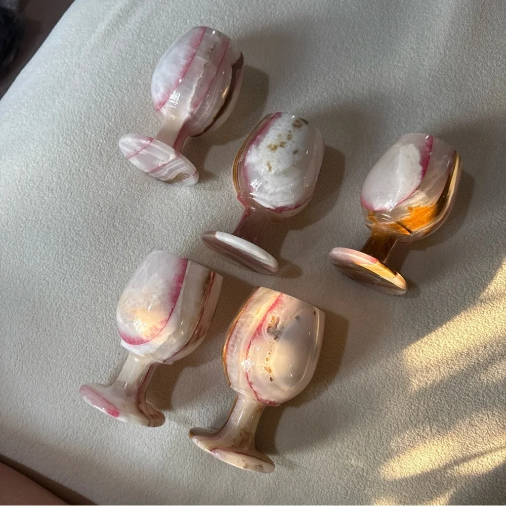 Vintage Pink, White and Gold Swirl Onyx Goblet Set - 5 Pieces marble onyx